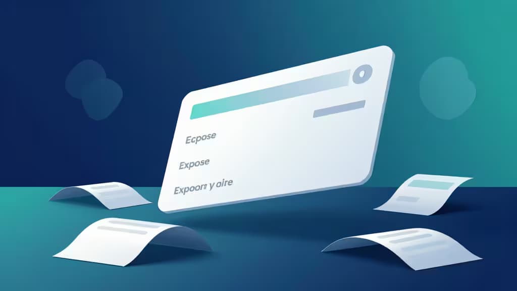 Een witte corporate card zweeft boven vier gebogen papieren bonnen op een teal-blauw gradient oppervlak, als symbool voor digitale expense tracking.