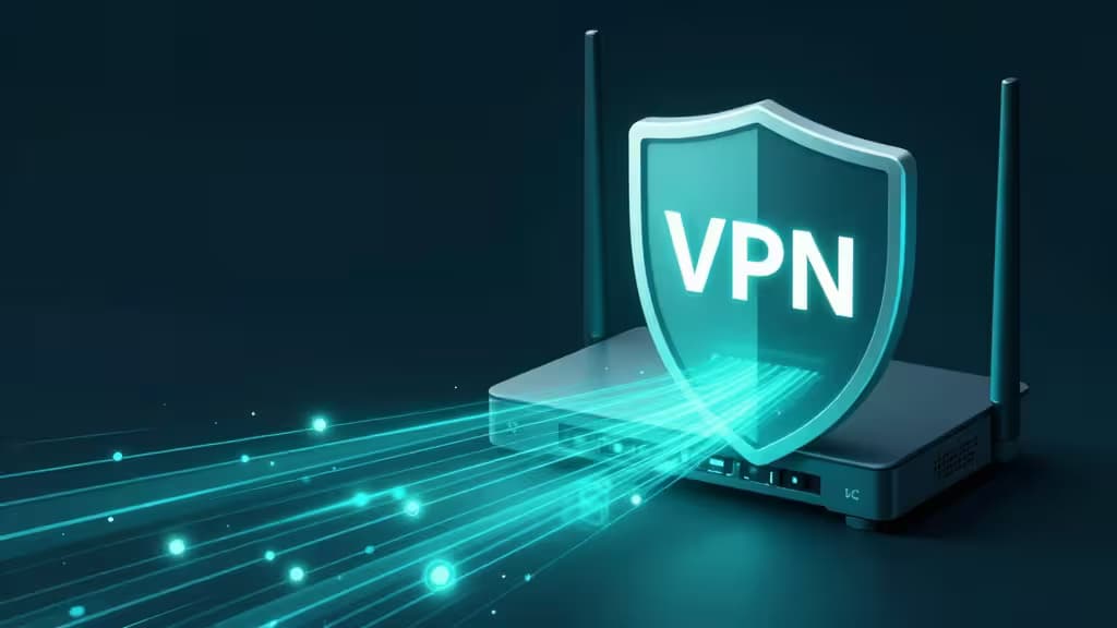 Abstract illustration of encrypted data streams flowing through a home router shield, in dark teal and navy tones.