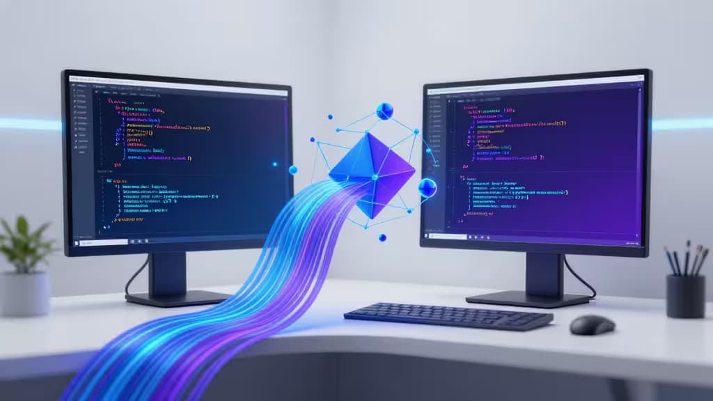 Dual monitors display Python code, connected by glowing AI data streams in a modern workspace.