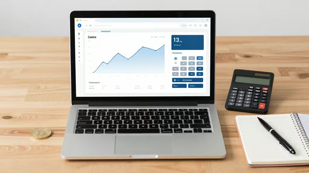 Laptop displays crypto dashboard, calculator, notebook, and Bitcoin coin on wooden desk.