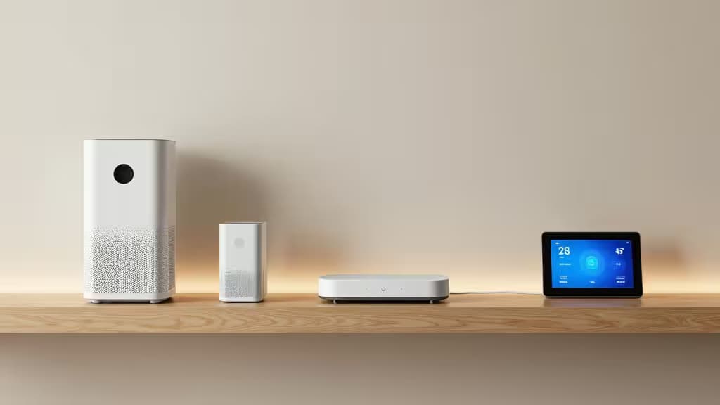 White smart devices rest on a light wood shelf against a beige wall.