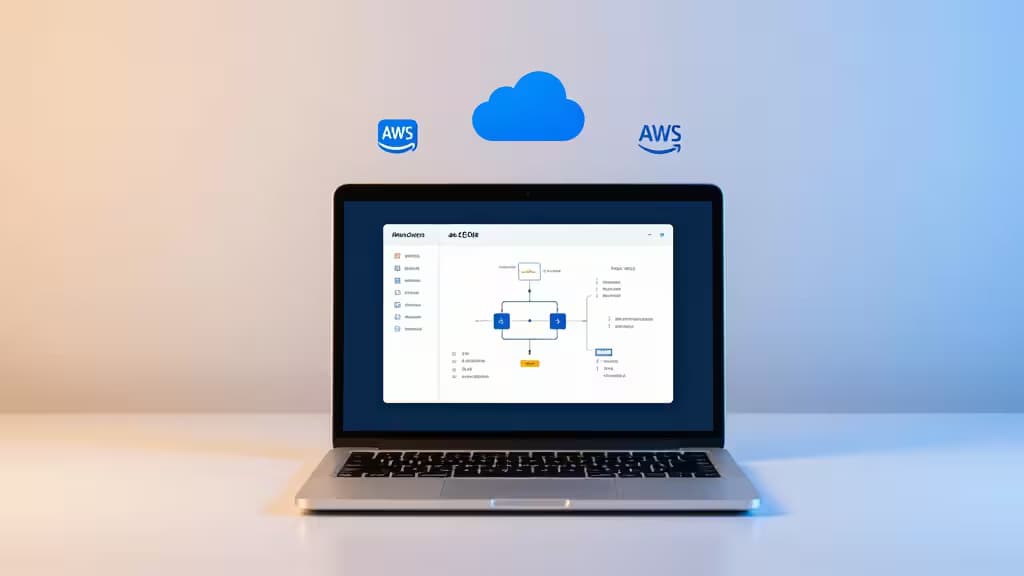 Laptop displays AWS infrastructure diagram with cloud icon and AWS logos, symbolizing affordable IaC tools.