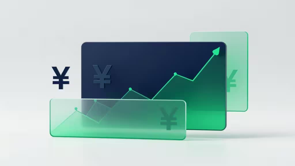 Translucent green panels display rising financial charts and yen symbols, illustrating startup treasury management software for cash, liquidity, and yield optimization.