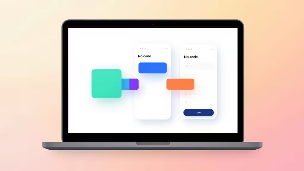 Colorful drag-and-drop interface blocks float on laptop screen, illustrating intuitive no-code app builder for non-technical founders.