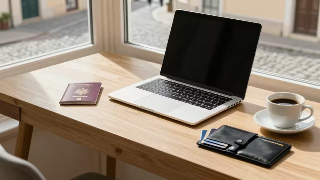 A laptop, passport, and wallet with cards rest on a wooden desk by a window.