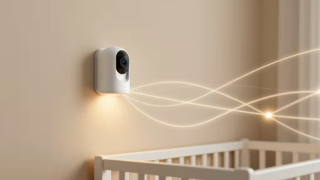 White wall-mounted smart camera emits glowing connectivity lines over a wooden crib in a softly lit nursery.
