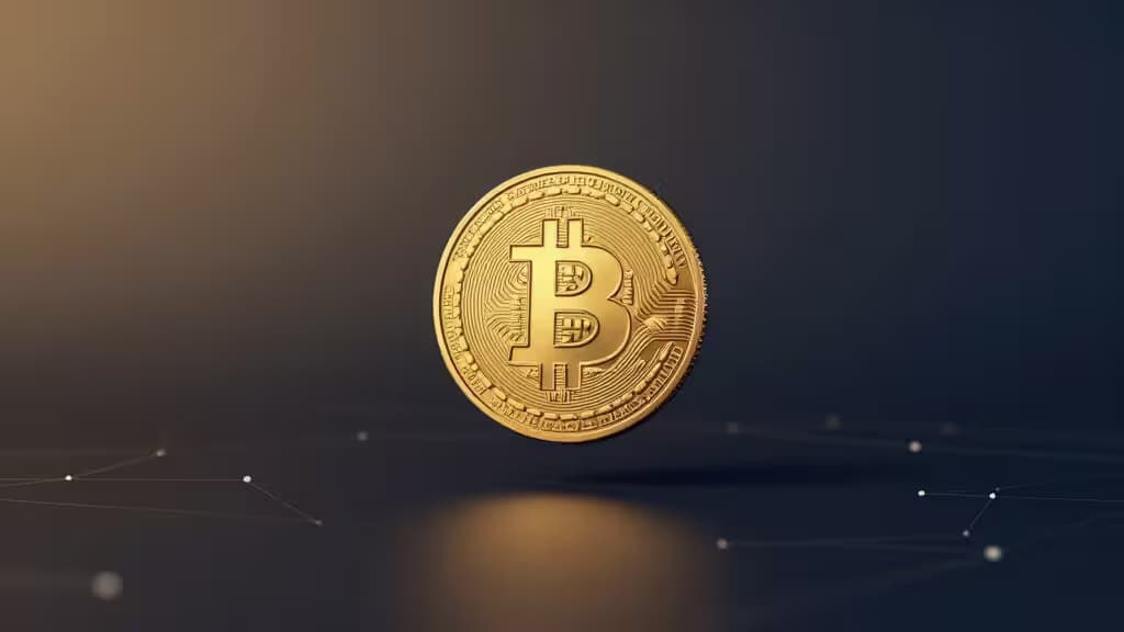 Representación abstracta de una moneda de Bitcoin dorada flotando sobre una superficie oscura con líneas de red blockchain sutiles y gradiente de luz ámbar a azul profundo.