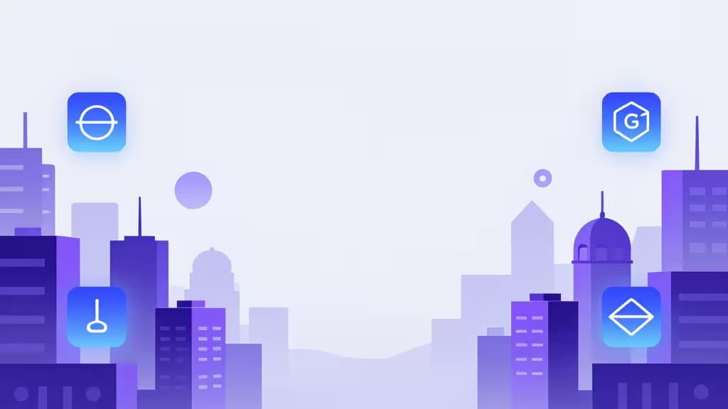 Paysage urbain violet avec icônes flottantes représentant les places de marché Magic Eden, OpenSea et Binance NFT.