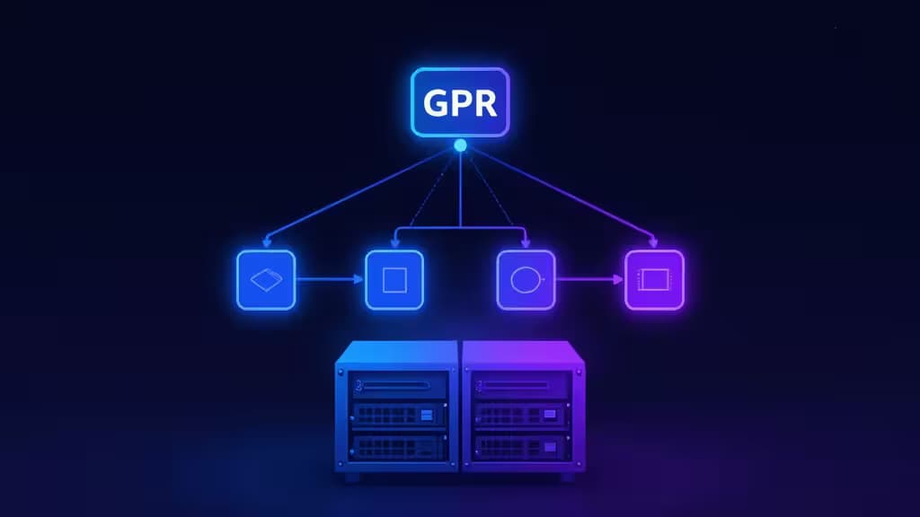 Neon-lit server racks power a glowing GPR node, symbolizing affordable GraphQL infrastructure.