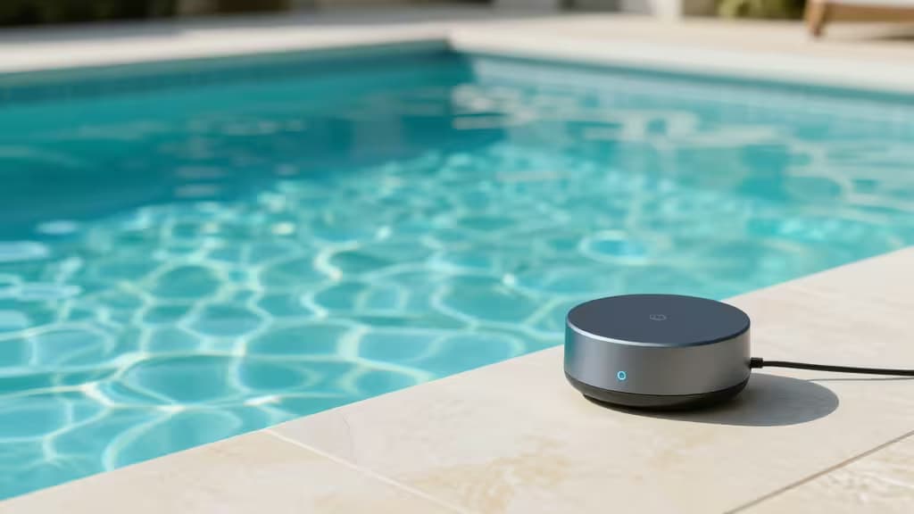Een modern zwembad met helder turquoise water en een slimme home hub op het terras naast het zwembad.