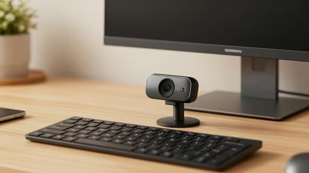 Webcam noire compacte à finition mate posée sur un bureau en bois à côté d'un clavier, d'un écran et d'une plante, incarnant l'esthétique minimaliste des appels Zoom.
