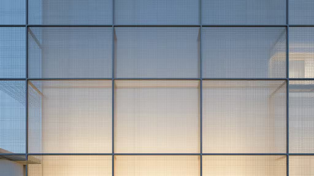Grid-patterned glass facade with warm interior lighting, showcasing modern architectural design and digital wireframe aesthetics.