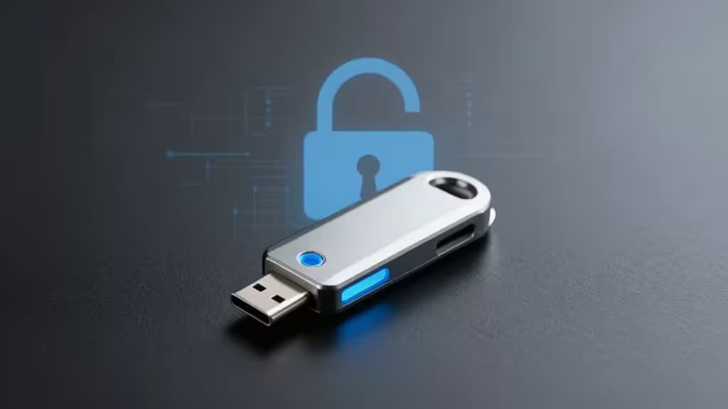 A USB-C hardware security key resting on a dark surface with soft blue accent lighting, representing phishing-resistant two-factor authentication.