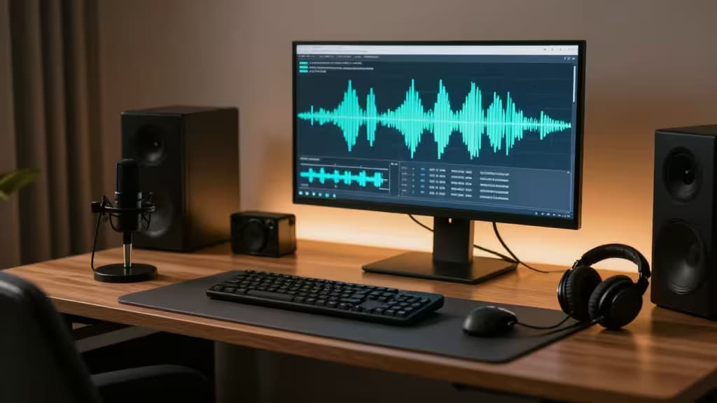 A professional audio setup with microphone, speakers, and waveform display on monitor.