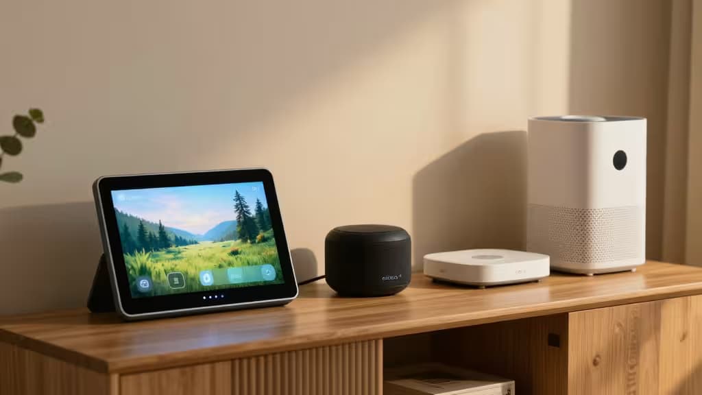 Wood shelf holds Echo Show 8, black Echo speaker, white air purifier, and smart hub.