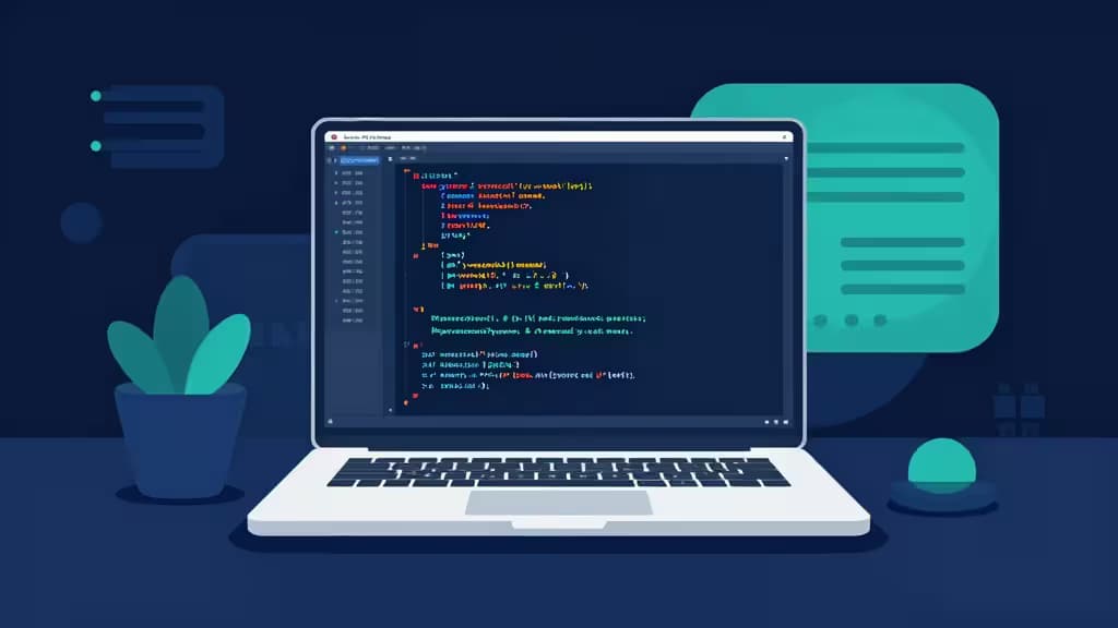 Laptop displays colorful code with AI suggestions, flanked by a potted plant and abstract UI elements on a dark blue desk.
