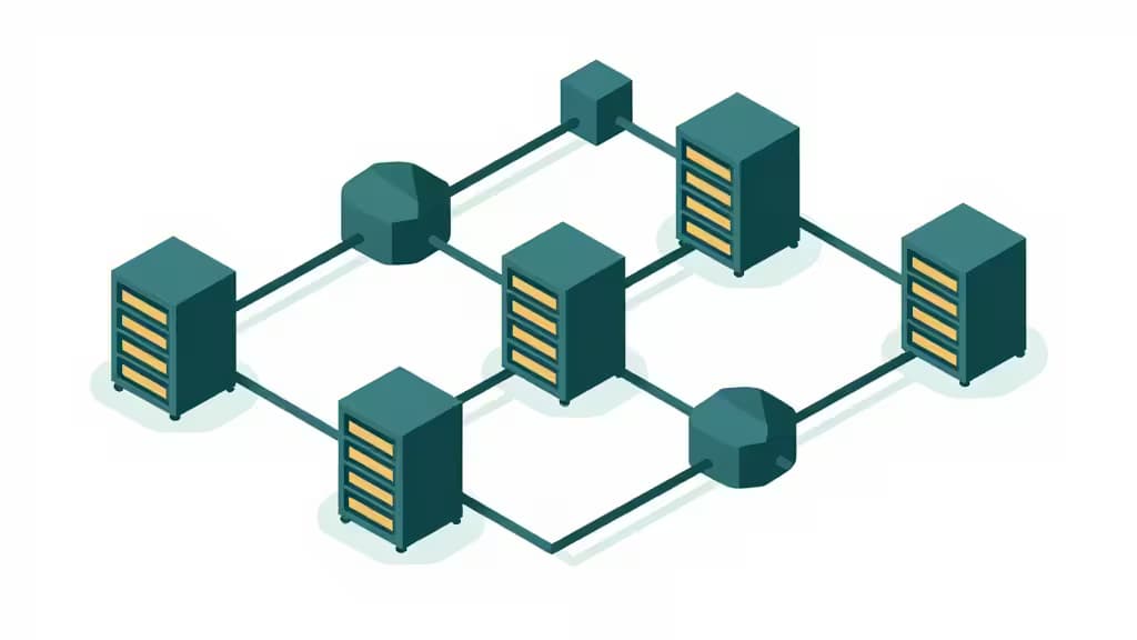 Teal server racks and hexagonal nodes connect via dark lines in an isometric grid, illustrating abstract infrastructure for developer workflow automation.