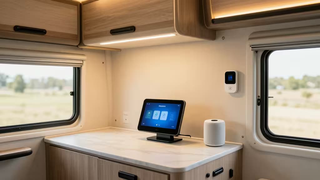 Modern motorhome interior with a compact smart display on the kitchen counter, a small smart speaker, and subtle wall sensors under warm ambient lighting.