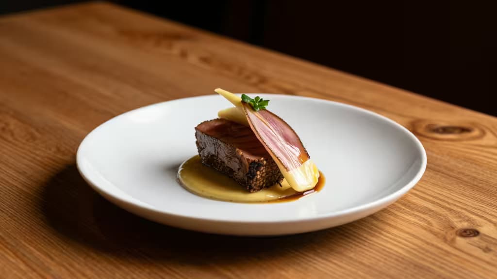 A white ceramic plate holds a seared meat dish with sauce and garnish, centered on a warm wooden table.