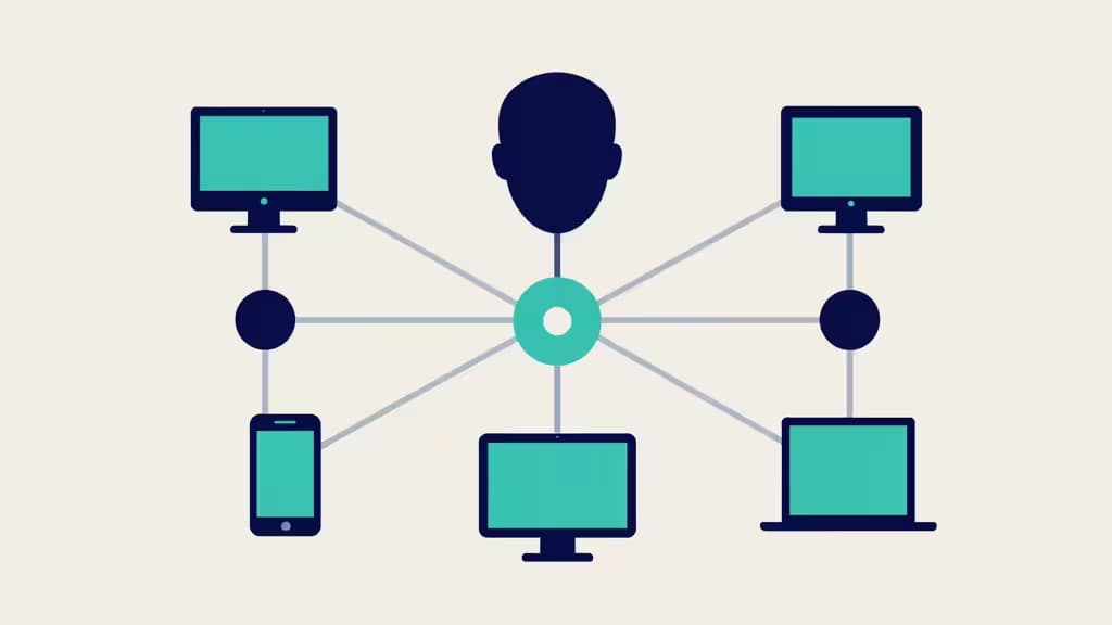 Abstract illustration of headless CMS architecture with content API nodes connecting to desktop, mobile, and tablet devices in deep indigo and teal tones.