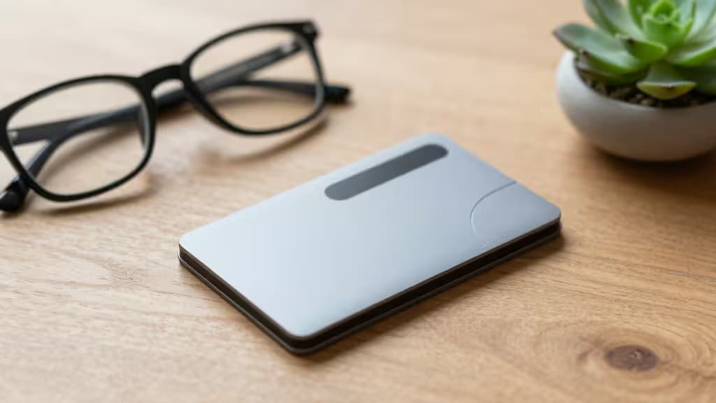 Sleek silver crypto wallet rests on wood desk beside glasses and succulent, symbolizing secure, simple finance for seniors.