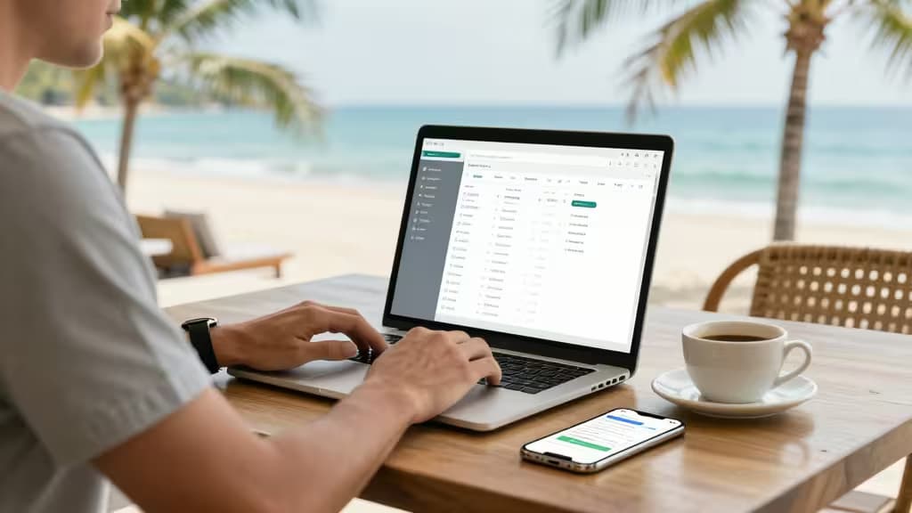 A digital nomad types on a laptop beside a coffee cup, with a smartphone displaying a finance app on a wooden table near the beach.