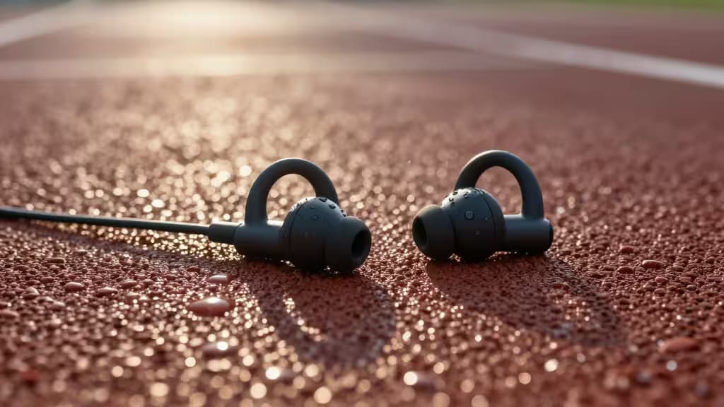 Matte black wireless earbuds with ear hooks rest on a wet, red running track, glistening under warm sunlight.