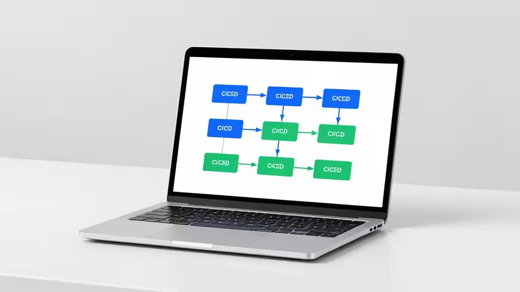 Silver laptop displays blue-green CI/CD pipeline diagram on white desk.