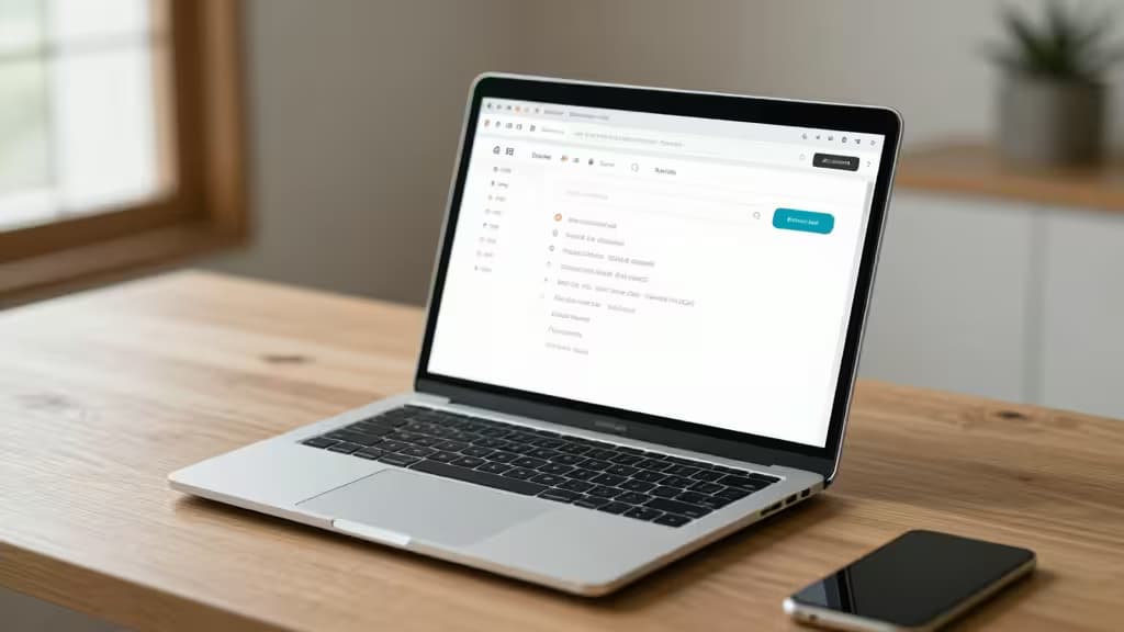 Silver laptop on light wood desk displays clean email interface, smartphone beside it.