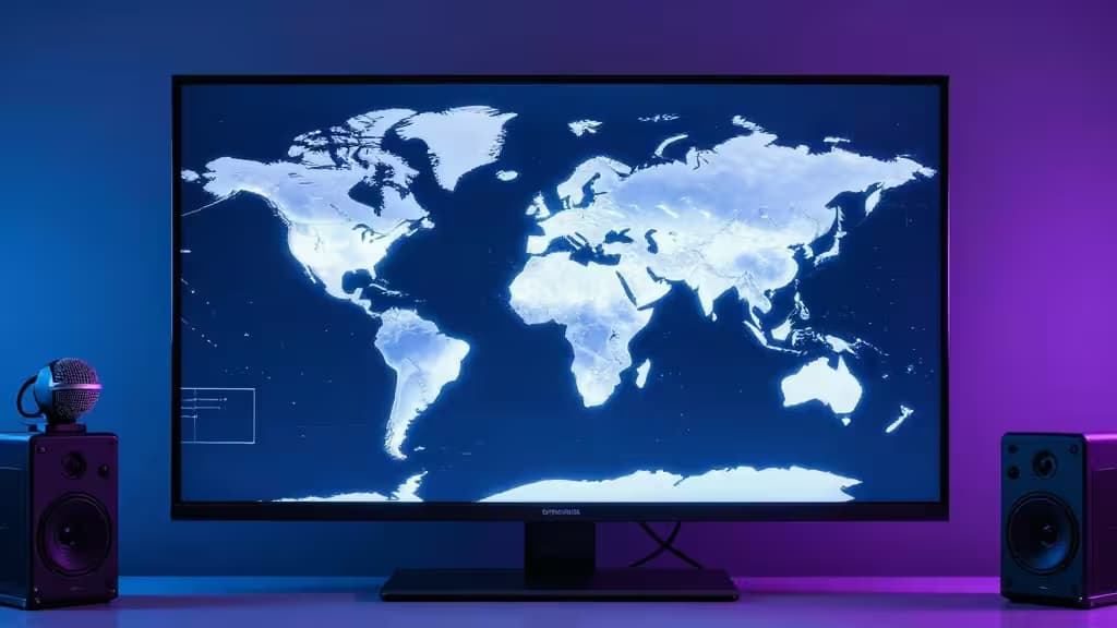 Un écran de studio affiche une carte du monde lumineuse, entouré d'enceintes et d'un microphone, symbolisant le doublage vidéo IA global.