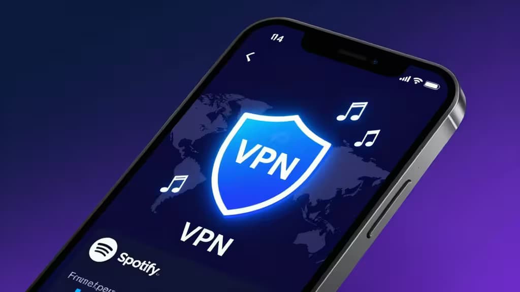 Smartphone displays glowing blue VPN shield over Spotify app on purple gradient background.