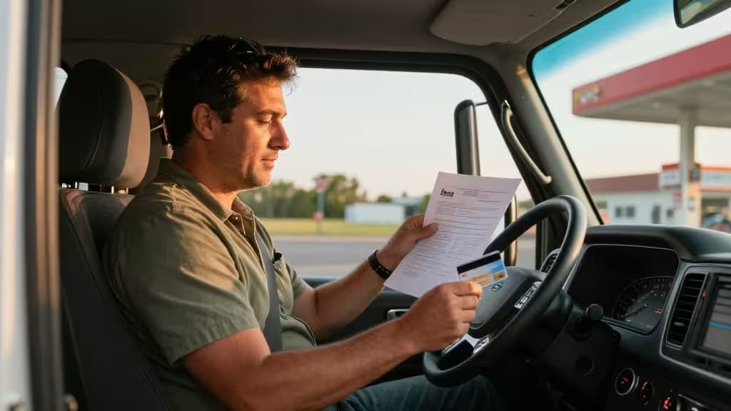 Trucker reviews business credit card options while seated in his truck cab.
