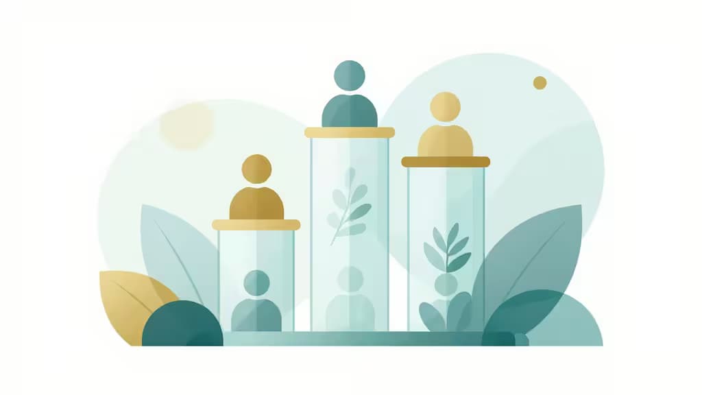 Teal and gold geometric figures stand in transparent cylinders with leaves, symbolizing community growth and transparent nonprofit banking.