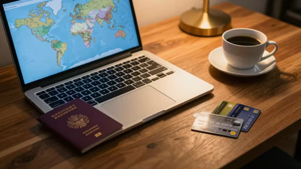 Laptop displays world map beside passport, credit cards, and coffee on wooden desk.
