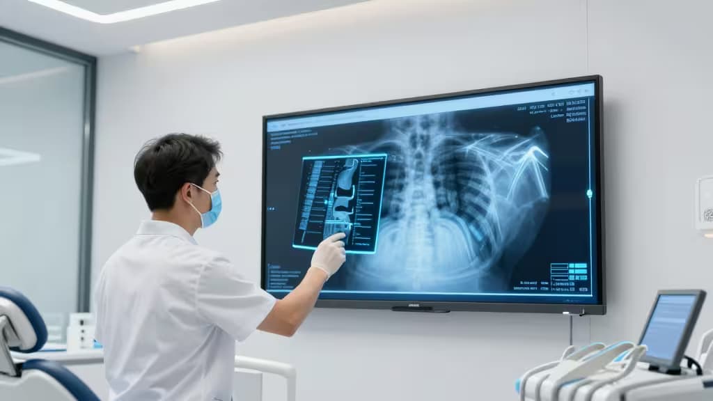 A dentist in a white coat and mask points at an AI-enhanced X-ray on a large monitor.