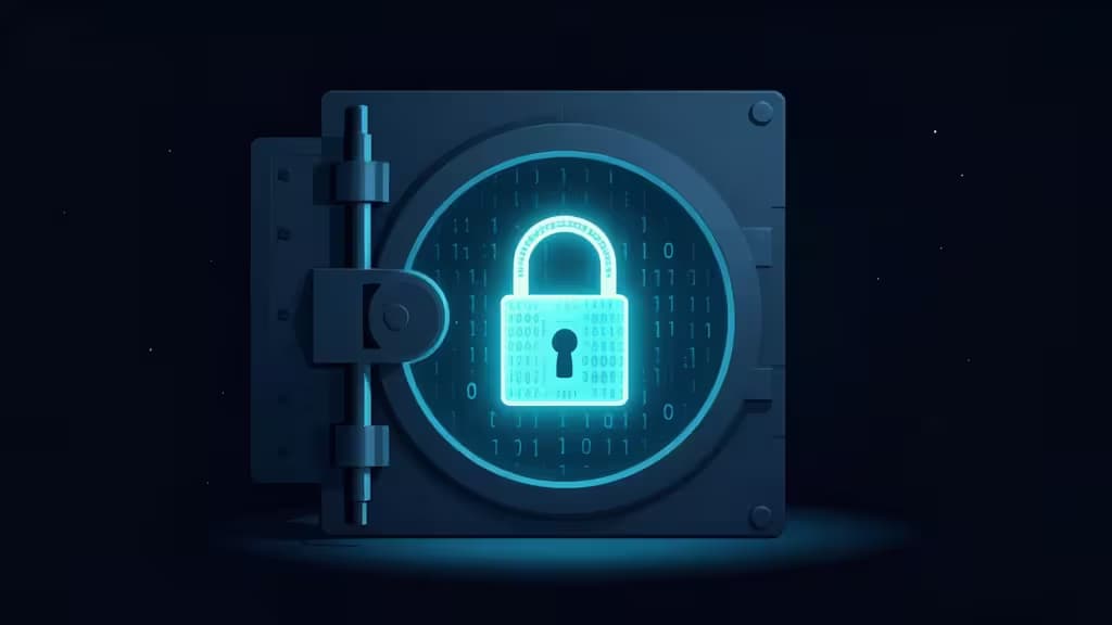 A glowing padlock inside a secure vault door, symbolizing offline 2FA keys protecting TOTP secrets from network access.