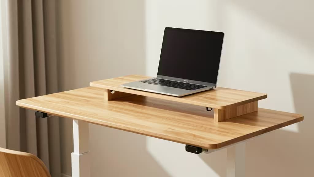 Convertisseur de bureau debout en bois clair sur cadre blanc, design minimaliste pour avis sur espaces de travail compacts.