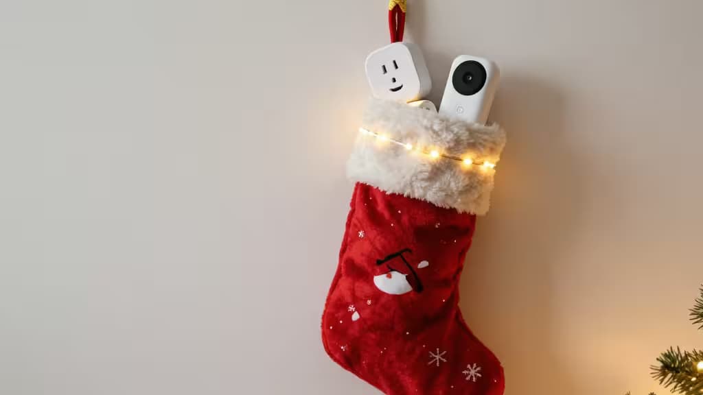 Calcetín navideño relleno de pequeños dispositivos de casa inteligente: un enchufe inteligente, una tira LED y un timbre con cámara, con iluminación cálida de fiestas.