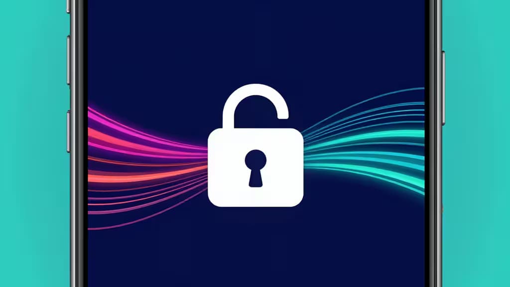 A smartphone displays a white padlock icon with colorful data streams, symbolizing secure encryption for Android password managers.
