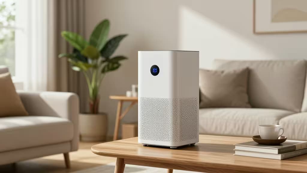 Purificador de ar inteligente branco sobre mesa de centro de madeira em sala iluminada por luz natural, com plantas e decoração minimalista ao fundo.