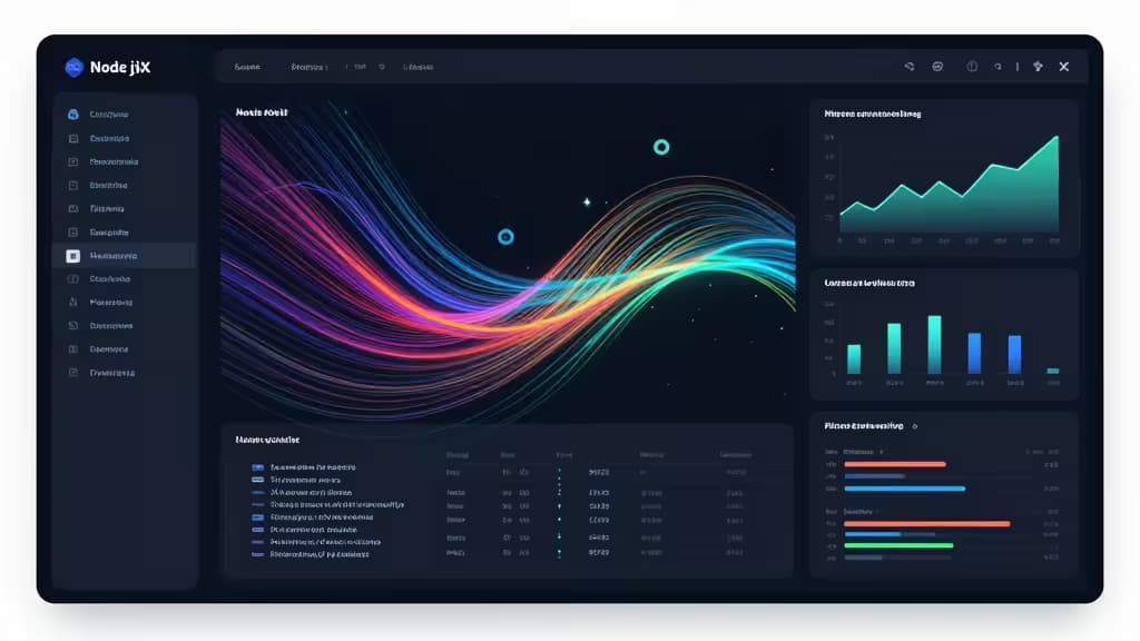 Dashboard escuro com streams coloridos de dados, gráficos e métricas de performance representando observabilidade de aplicações Node.js