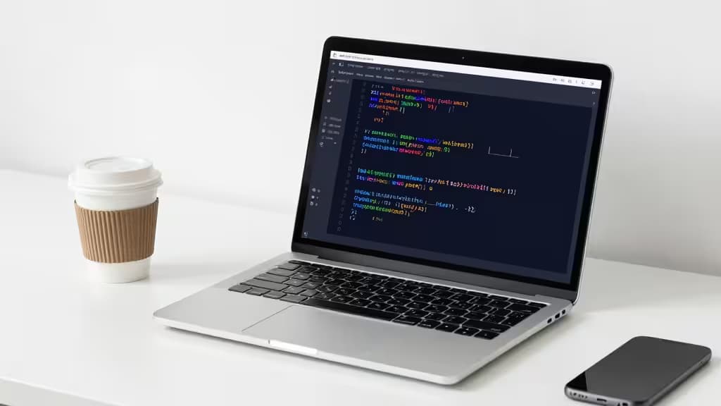 Silver laptop displays TypeScript code on dark IDE screen, flanked by coffee cup and smartphone.