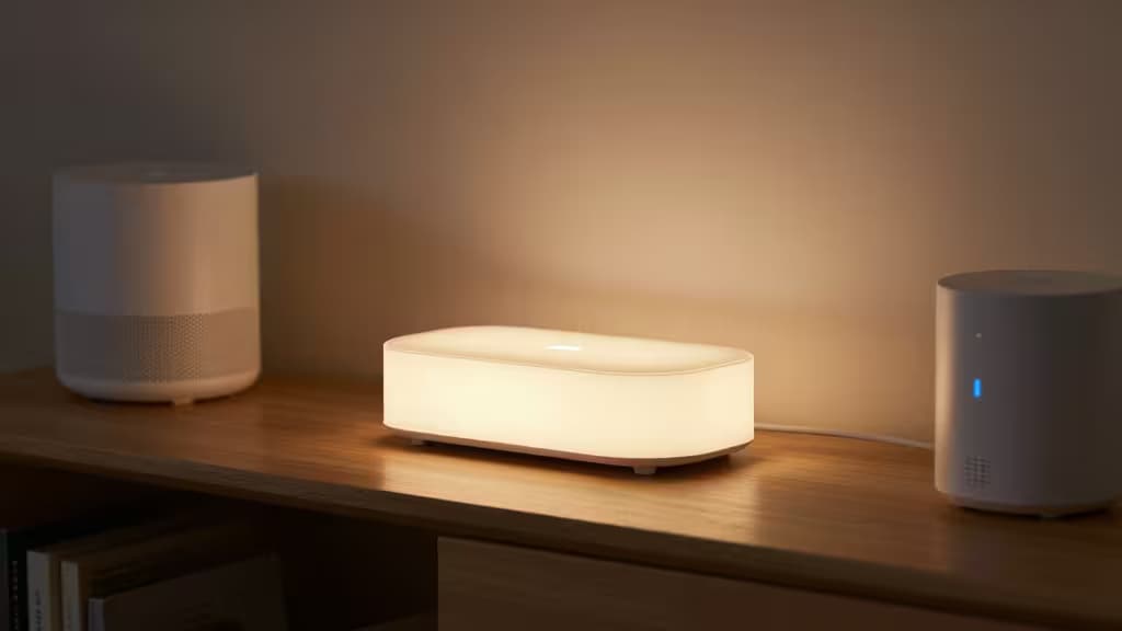Glowing white Matter hub rests on a wooden shelf between two cylindrical smart speakers.