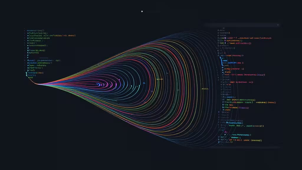 Colorful data streams connect Node.js code snippets, visualizing efficient log management under $100/month.