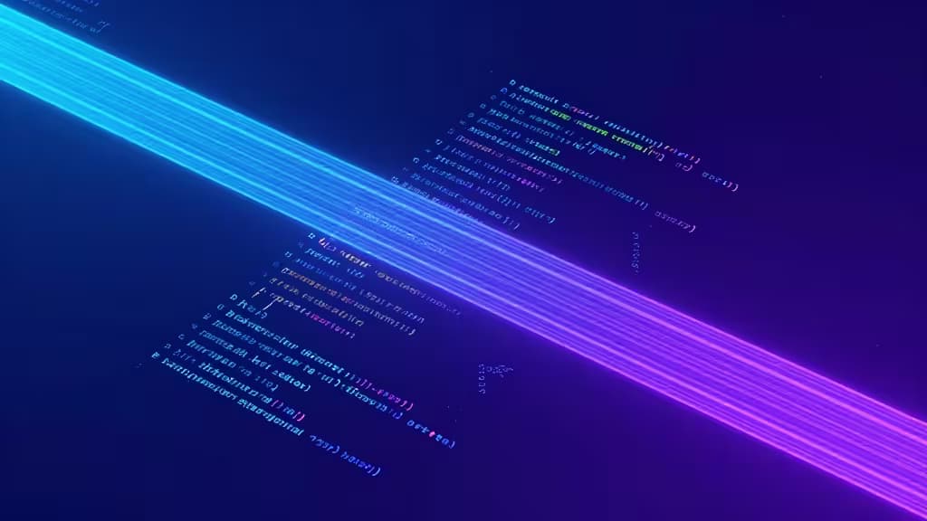 Glowing blue and purple code streams flow diagonally across a dark background, symbolizing AI-powered code review tools.