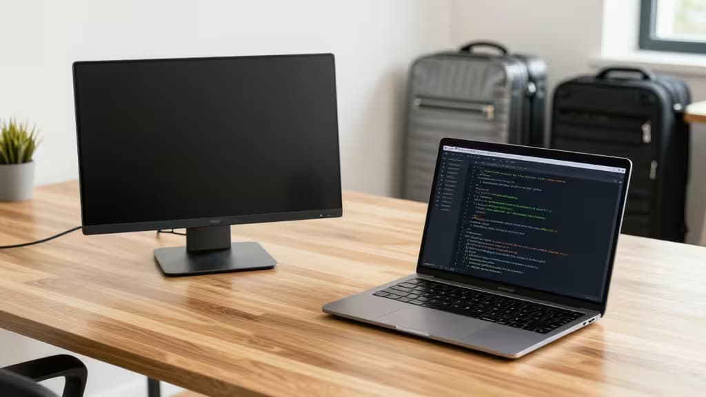 Laptop en portable monitor op een houten bureau, met koffers op de achtergrond in een lichte coworking-omgeving.
