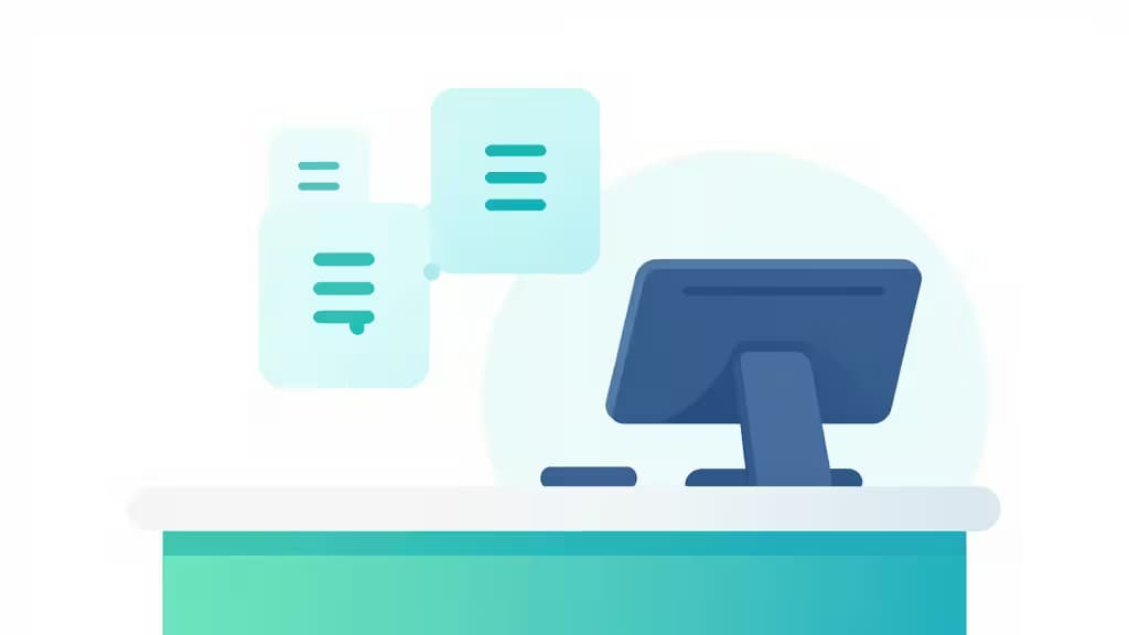 Ilustración vectorial de un mostrador turquesa con un monitor azul e iconos flotantes de documentos, simbolizando un checkout digital BNPL.