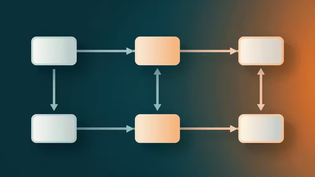 Six glowing rectangles connect via arrows on a gradient teal-orange background, symbolizing affordable feature flag workflows.