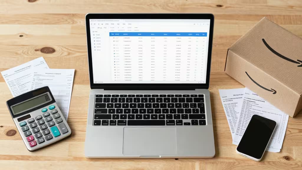 Laptop displaying accounting software, calculator, Amazon box, and documents on wooden desk.