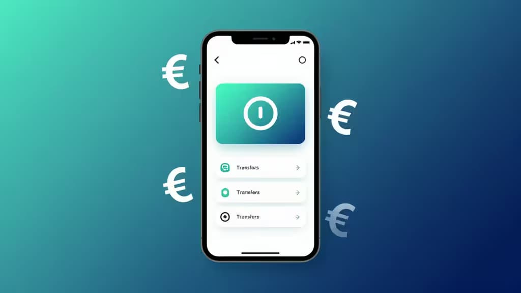Smartphone displays banking app with euro symbols floating around, symbolizing free international transfers for freelancers.